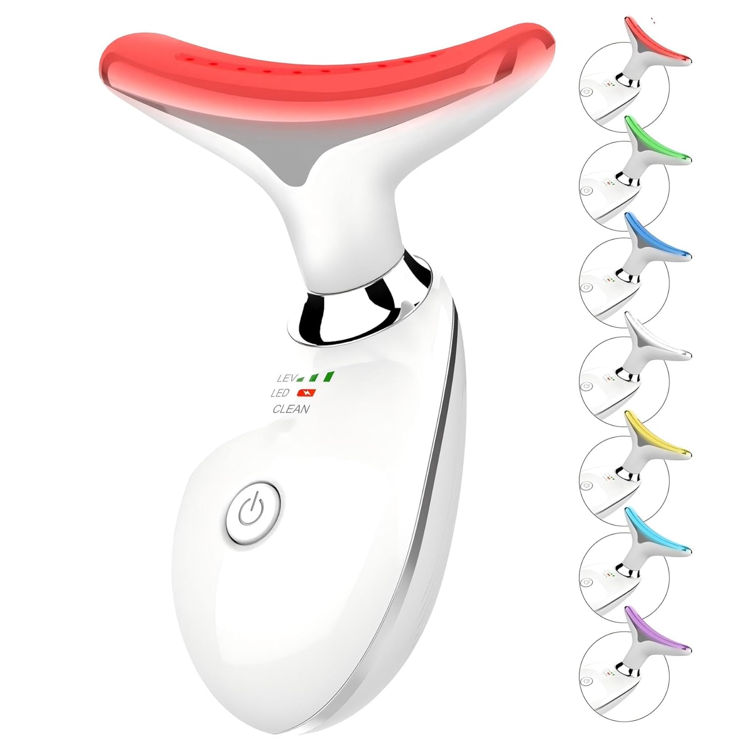 White and red facial massager with color-changing LED lights on a white background