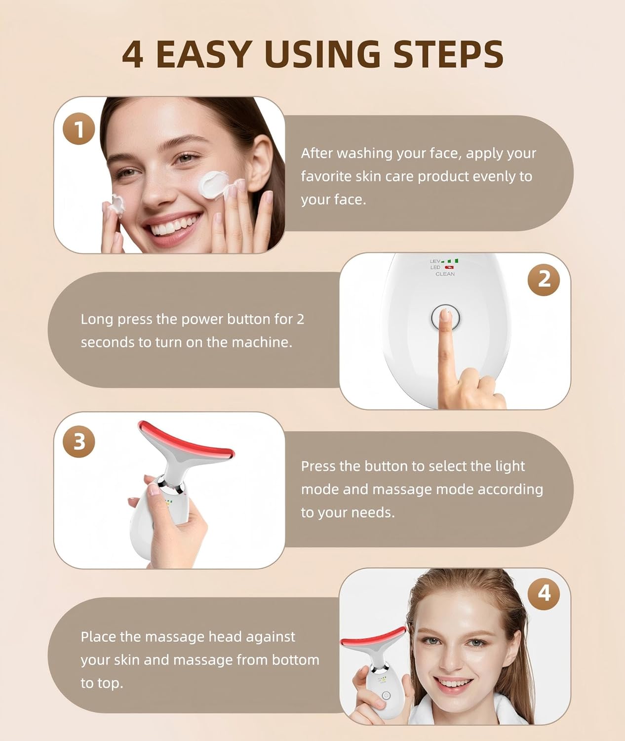 Instructions for using a facial device with images and text on a beige background