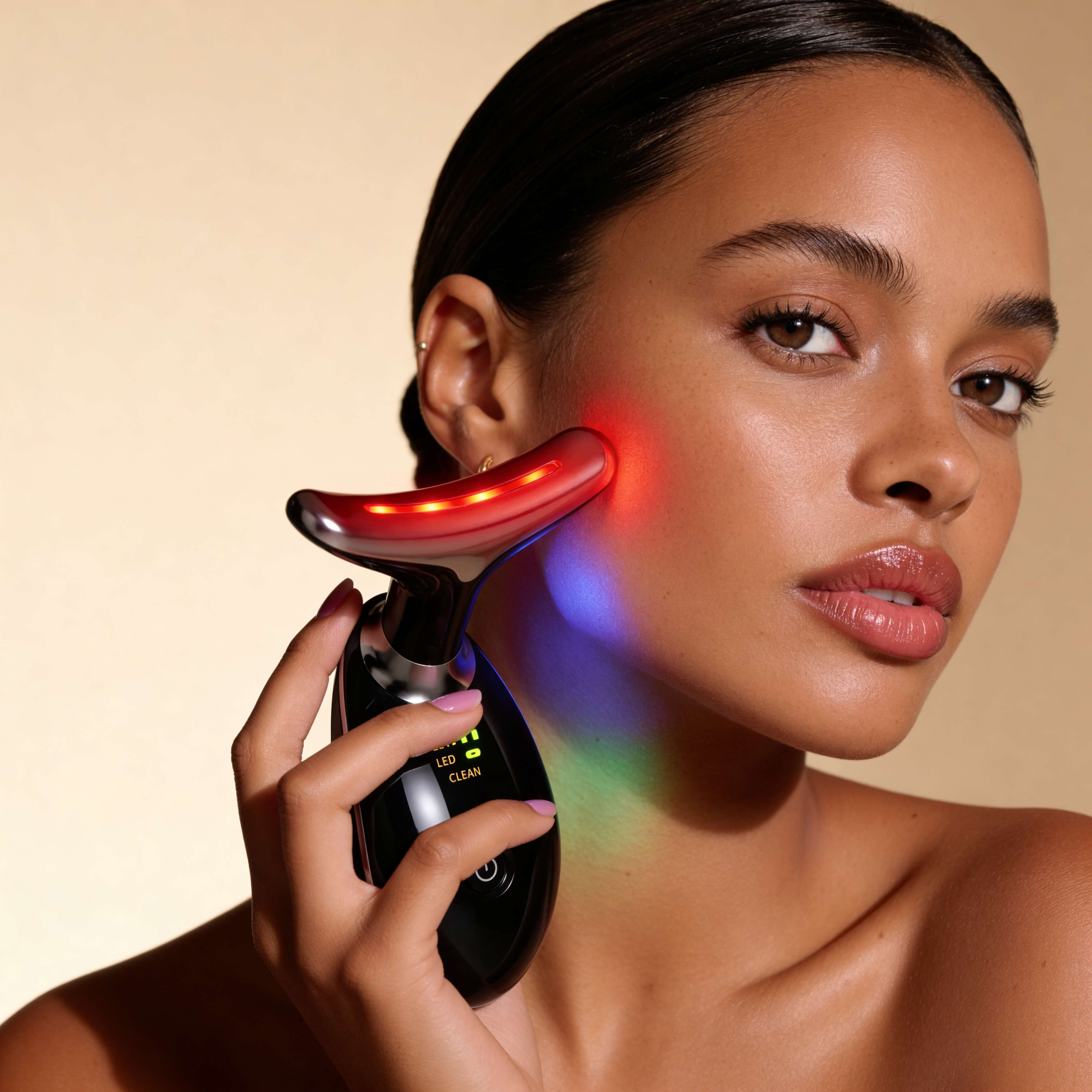 Woman using a facial device on her face with a beige background