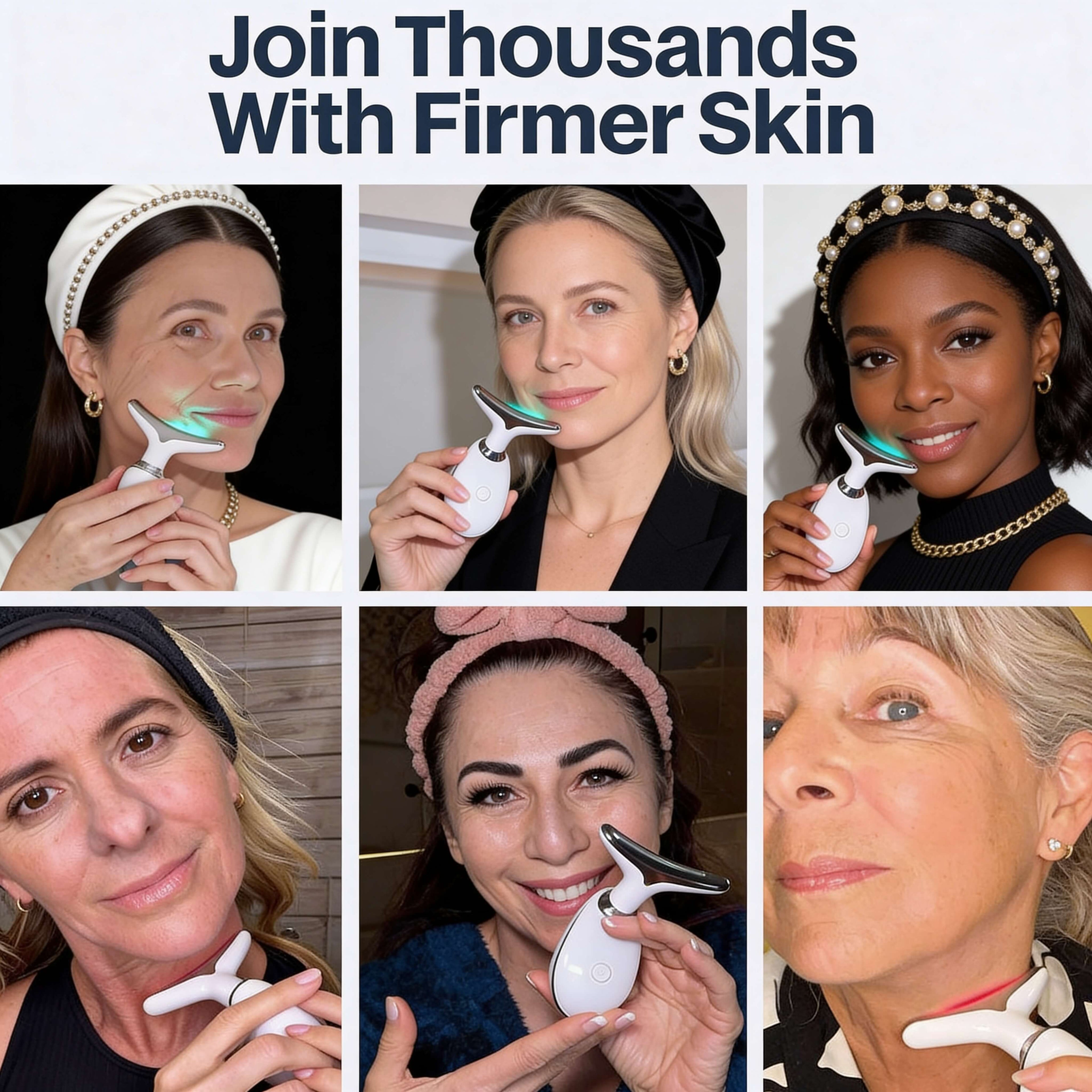 Collage of people using a skincare device with text 'Join Thousands With Firmer Skin'.