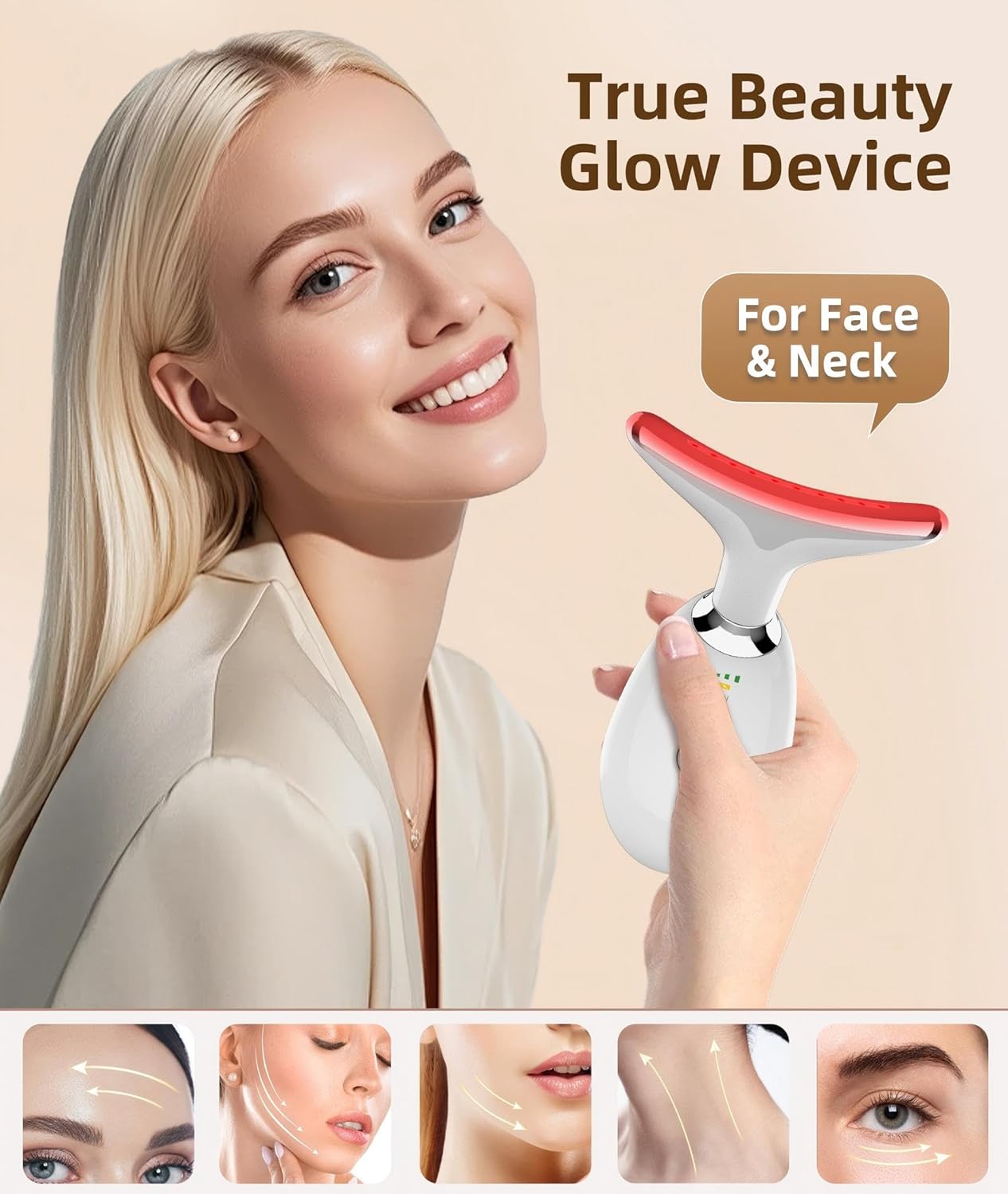 Woman holding a 'True Beauty Glow Device' for face and neck with product details on a beige background.
