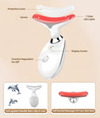 White and red device with labeled parts on a beige background