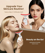 Two women using a handheld skincare device with text about skincare routine and product features.