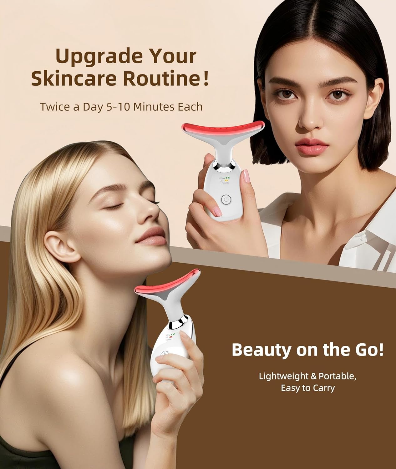 Two women using a handheld skincare device with text about skincare routine and product features.