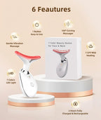 7-color beauty device for face and neck with packaging on a beige background, featuring 6 features.