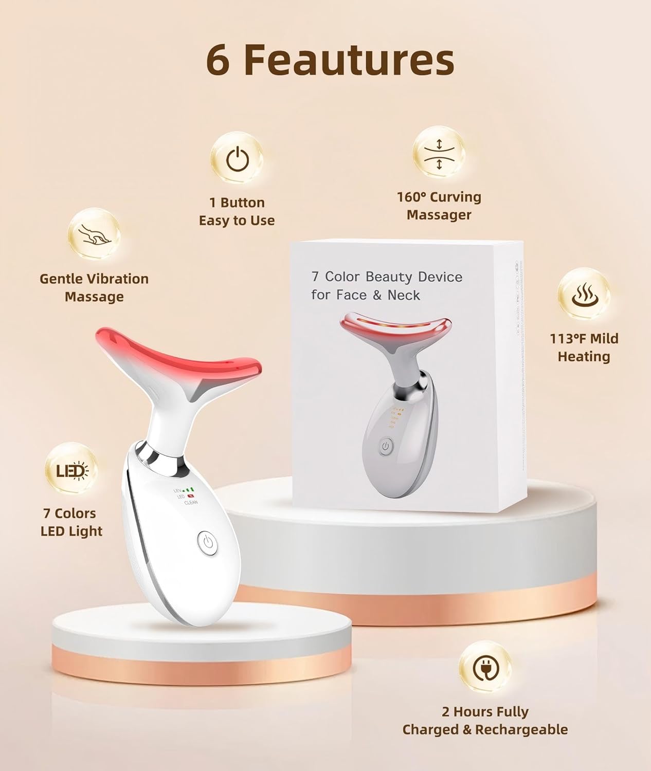 7-color beauty device for face and neck with packaging on a beige background, featuring 6 features.