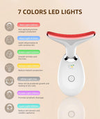 Facial device with LED lights and color descriptions on a beige background