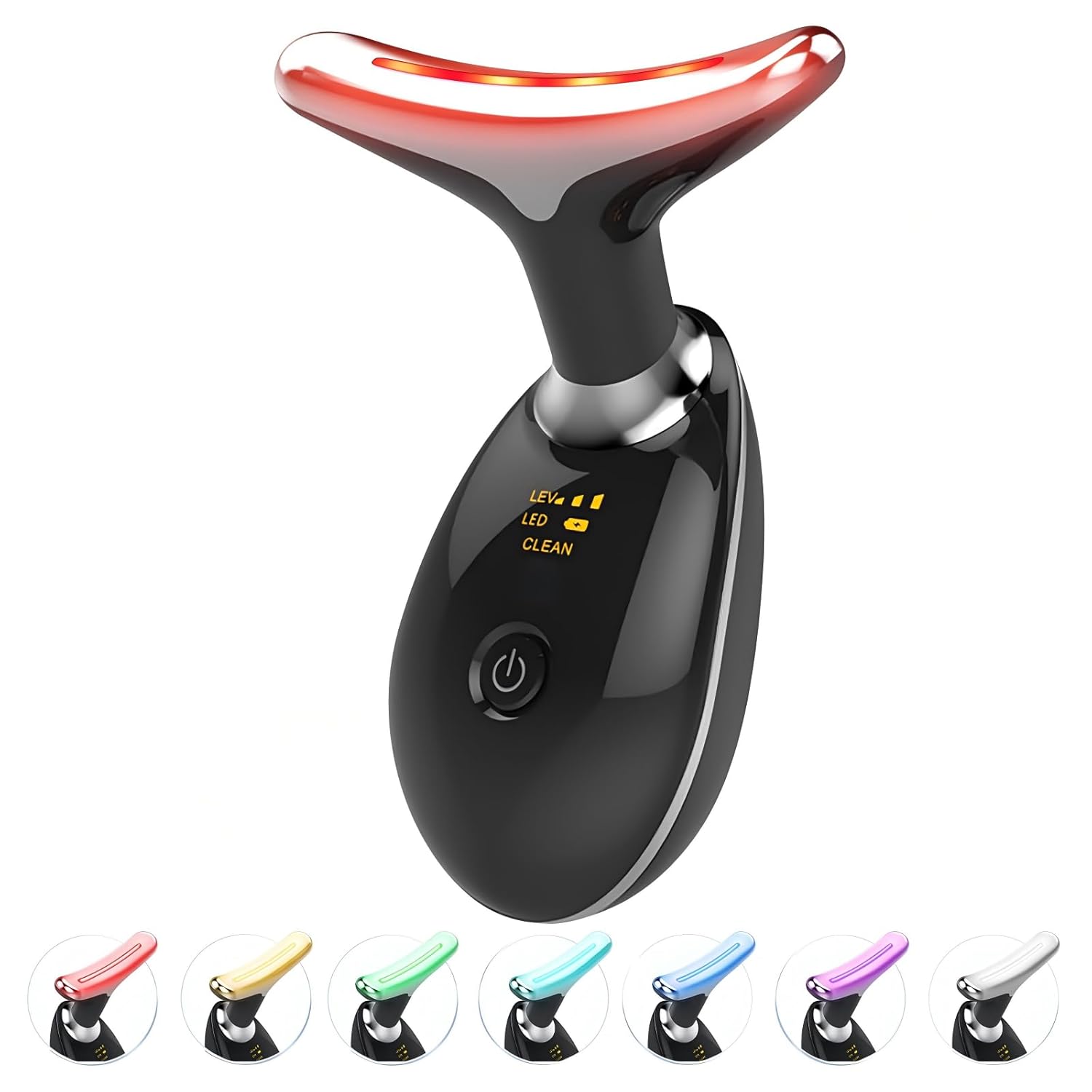 Black electronic device with red light on top, control panel, and color-changing attachments on a white background.