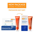 Acne treatment products with 'New Package, Same Formula' text on a white background