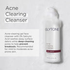 Glytone Acne Clearing Cleanser bottle on a light gray background with product description text.