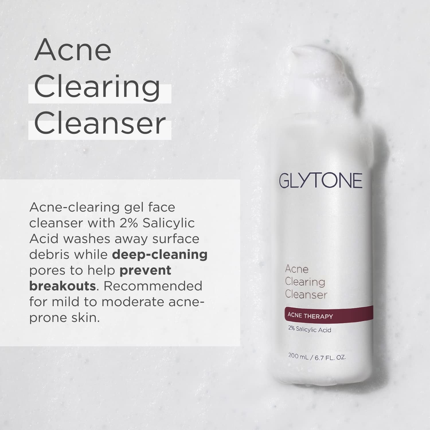 Glytone Acne Clearing Cleanser bottle on a light gray background with product description text.