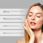Woman with clear skin touching her face, with text about skincare benefits on a gray background