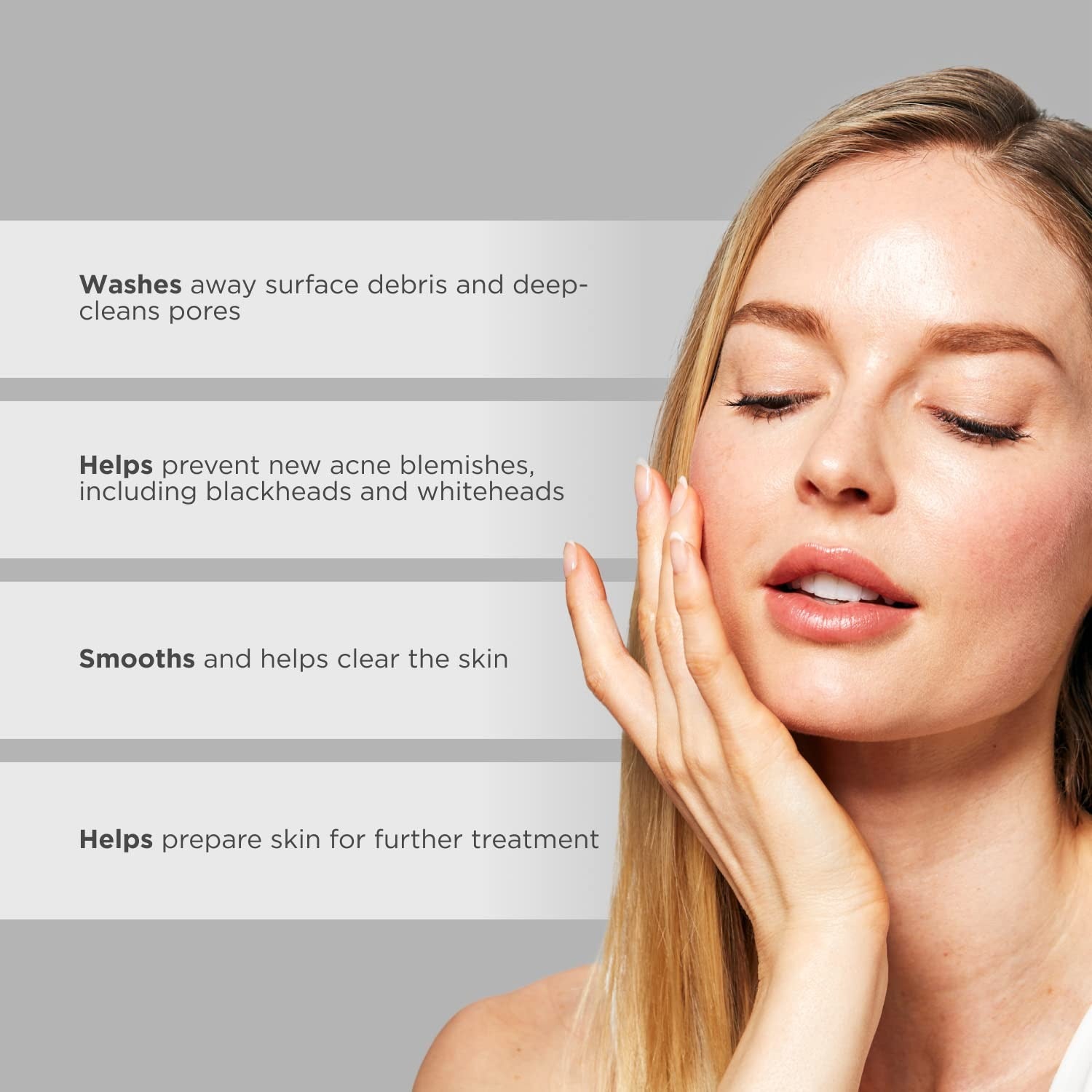 Woman with clear skin touching her face, with text about skincare benefits on a gray background