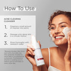 Woman using acne clearing cleanser with product and usage instructions on a gray background