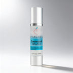 Skincare serum bottle labeled 'Peaches Skincare' on a gradient gray background