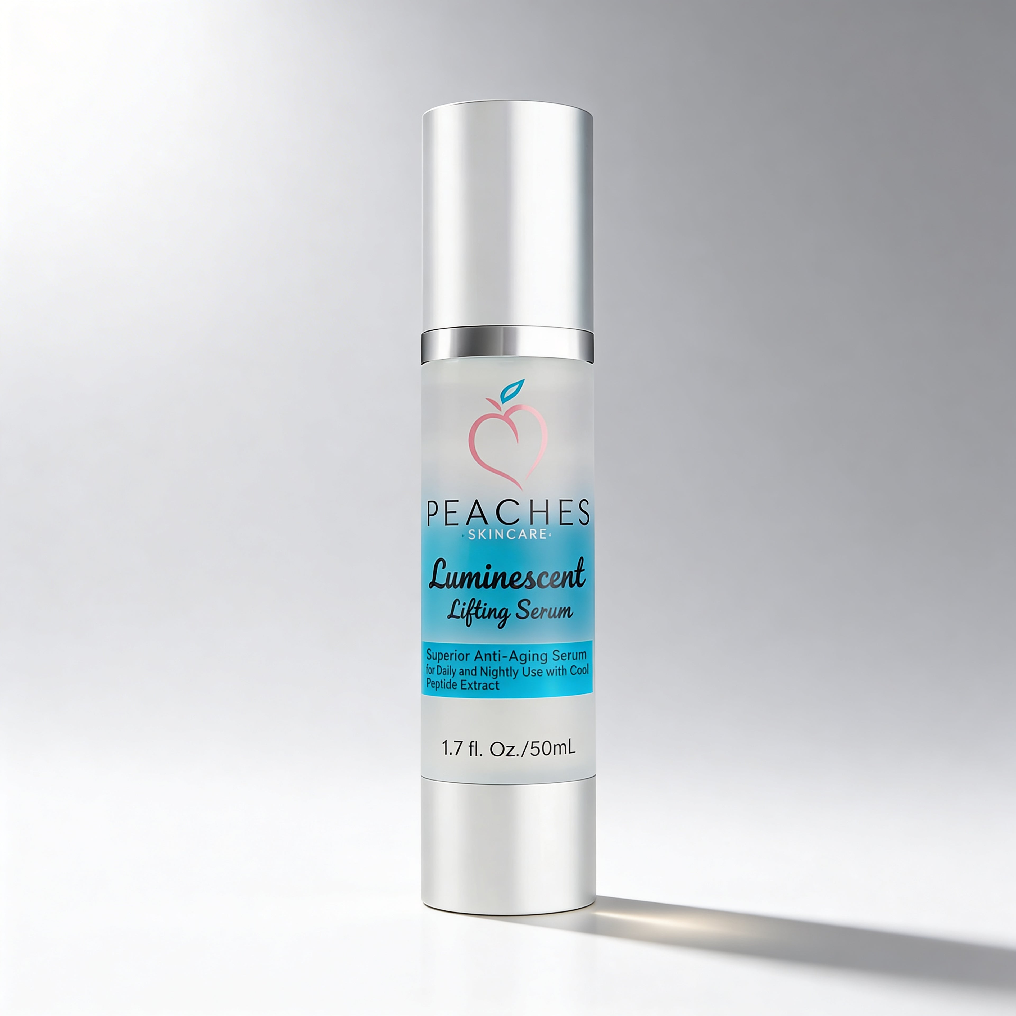 Skincare serum bottle labeled 'Peaches Skincare' on a gradient gray background