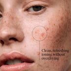 Close-up of a person's face with text about skin care product benefits