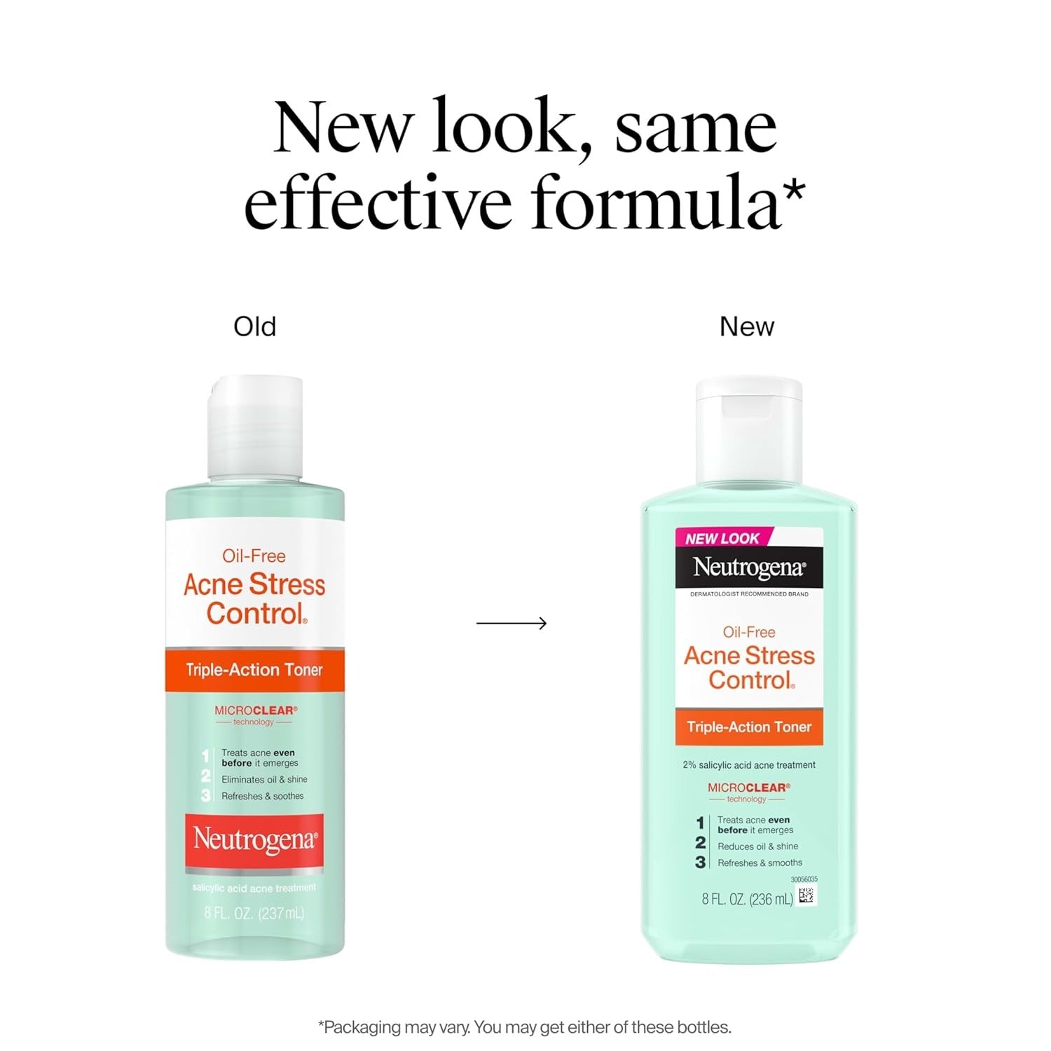 Comparison of old and new Neutrogena Oil-Free Acne Stress Control bottle designs.
