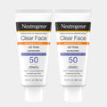 Two Neutrogena Clear Face oil-free sunscreen bottles on a white background