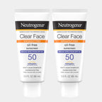 Two Neutrogena Clear Face oil-free sunscreen bottles on a white background