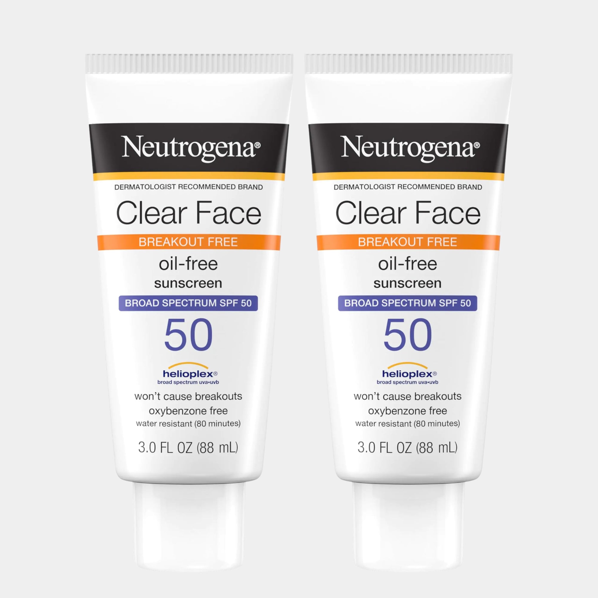 Two Neutrogena Clear Face oil-free sunscreen bottles on a white background