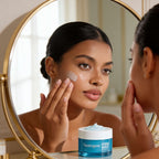 Woman applying Neutrogena cream to her face with a mirror and jar of Neutrogena cream in the foreground.