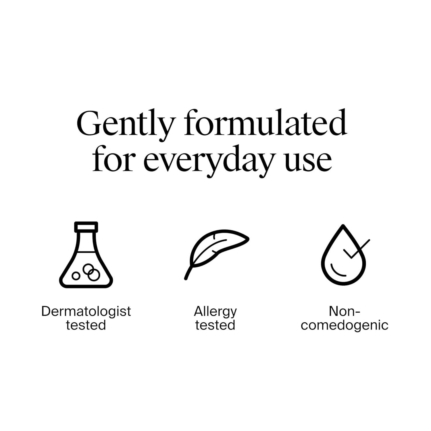 Text 'Gently formulated for everyday use' with icons for dermatologist tested, allergy tested, and non-comedogenic on a white background.