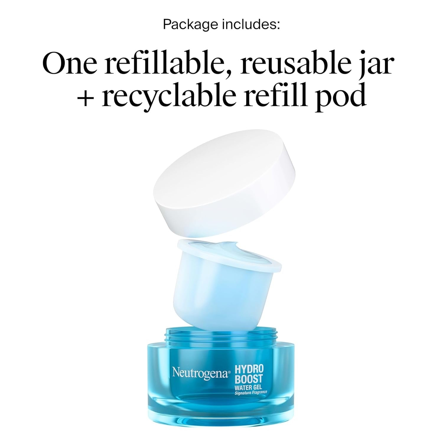 Neutrogena Hydro Boost water gel packaging with refillable jar and recyclable refill pod on a white background.