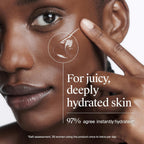 Close-up of a woman's face with text about skin hydration