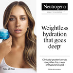Neutrogena advertisement with a woman holding a jar of Neutrogena product, featuring text about weightless hydration.