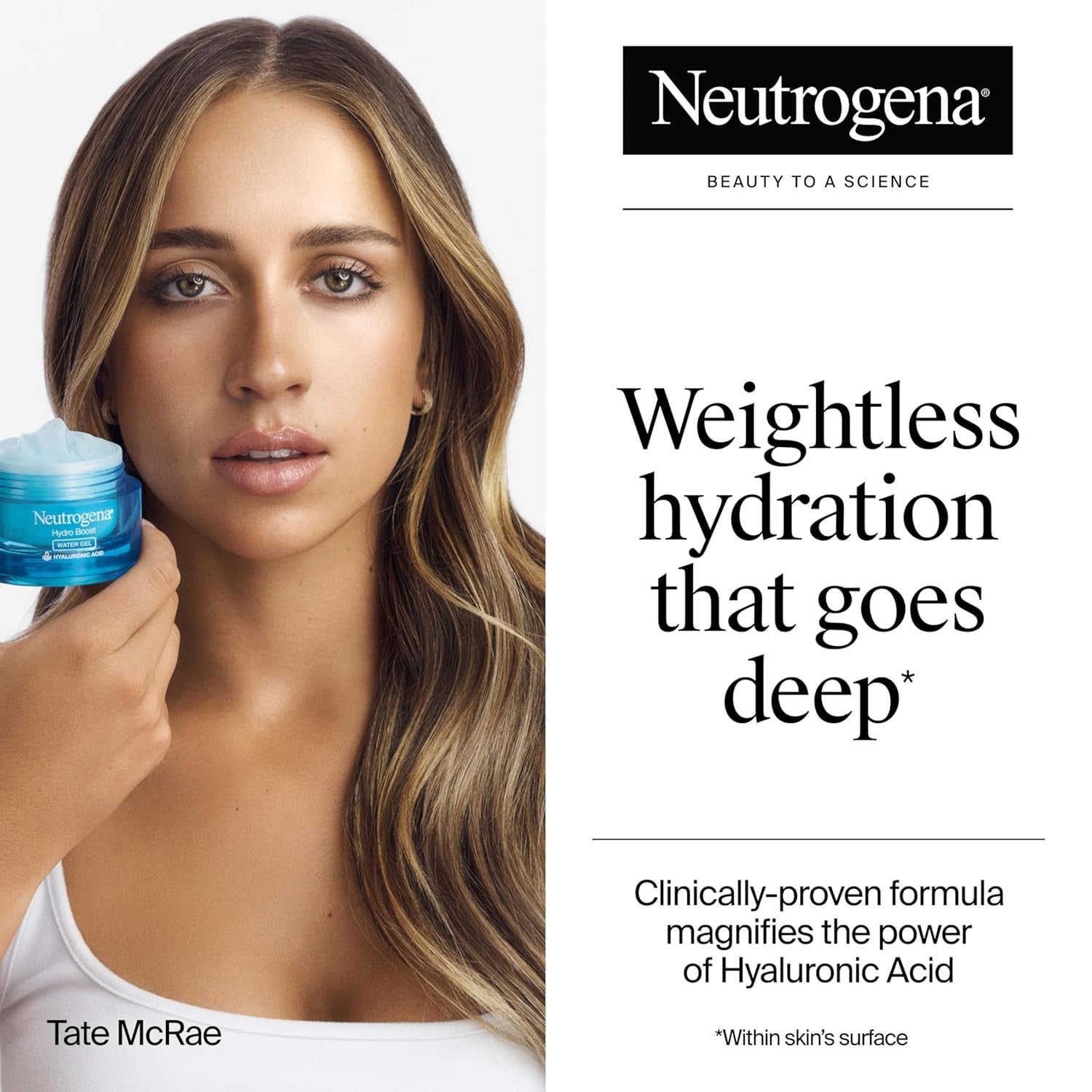 Neutrogena advertisement with a woman holding a jar of Neutrogena product, featuring text about weightless hydration.