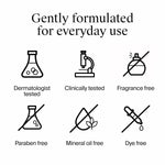 Set of icons indicating product features like dermatologist tested, clinically tested, fragrance free, paraben free, mineral oil free, and dye free on a white background.