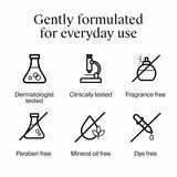 Set of icons indicating product features like dermatologist tested, clinically tested, fragrance free, paraben free, mineral oil free, and dye free on a white background.