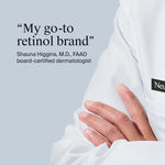 Person wearing a white coat with a brand logo, text about retinol brand, and dermatologist's name.