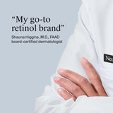 Person wearing a white coat with a brand logo, text about retinol brand, and dermatologist's name.