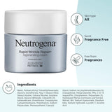 Neutrogena Rapid Wrinkle Repair cream jar with product details on a light blue background