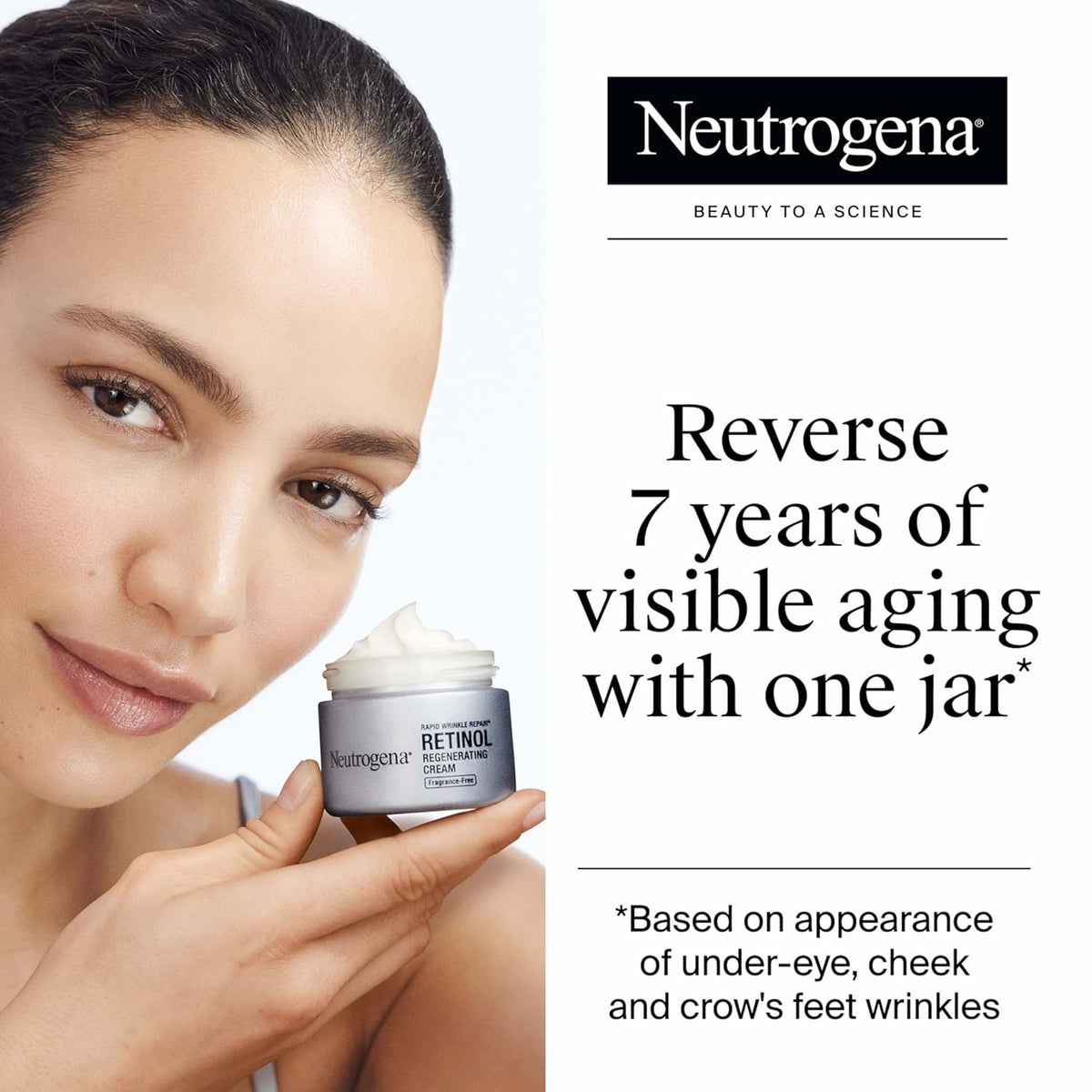 Neutrogena retinol cream with a model holding it, and text claiming to reverse visible aging.