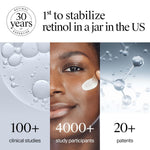 Advertisement for a skincare product with clinical study statistics and a close-up of a woman applying cream.