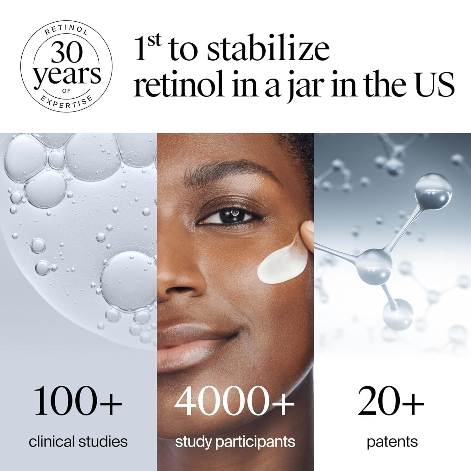 Advertisement for a skincare product with clinical study statistics and a close-up of a woman applying cream.