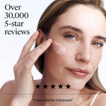 Woman applying cream to her face with text about 5-star reviews