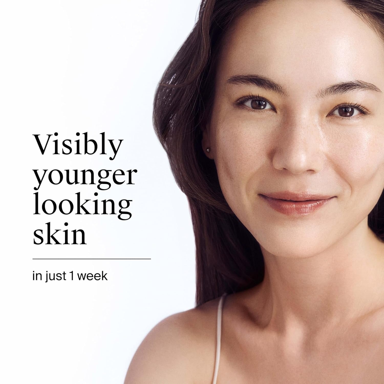 Woman with visibly younger looking skin on a white background