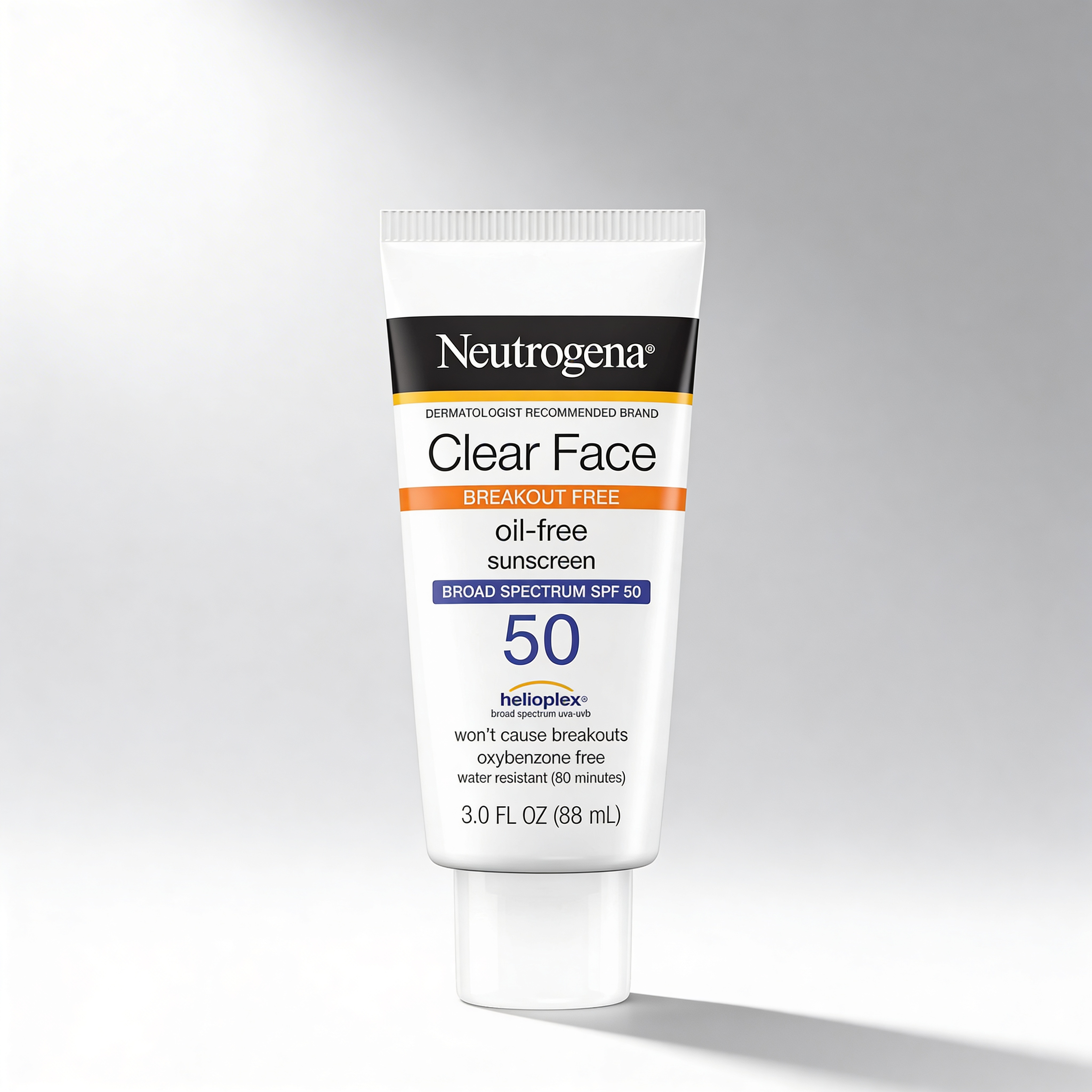 Neutrogena Clear Face sunscreen tube on a gray background