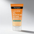 Neutrogena Clear & Defend 2% Salicylic Acid Face Scrub tube on a gray background
