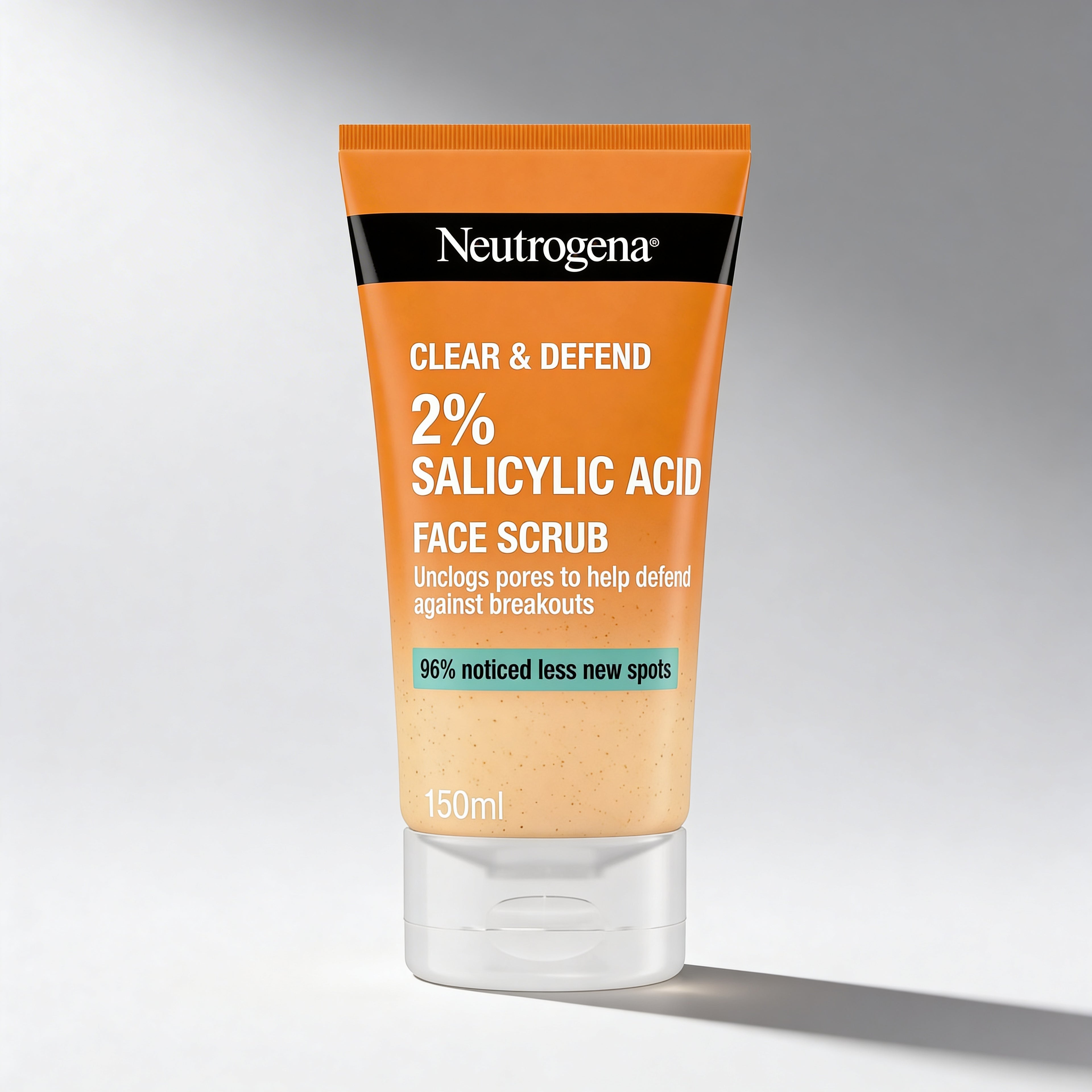 Neutrogena Clear & Defend 2% Salicylic Acid Face Scrub tube on a gray background