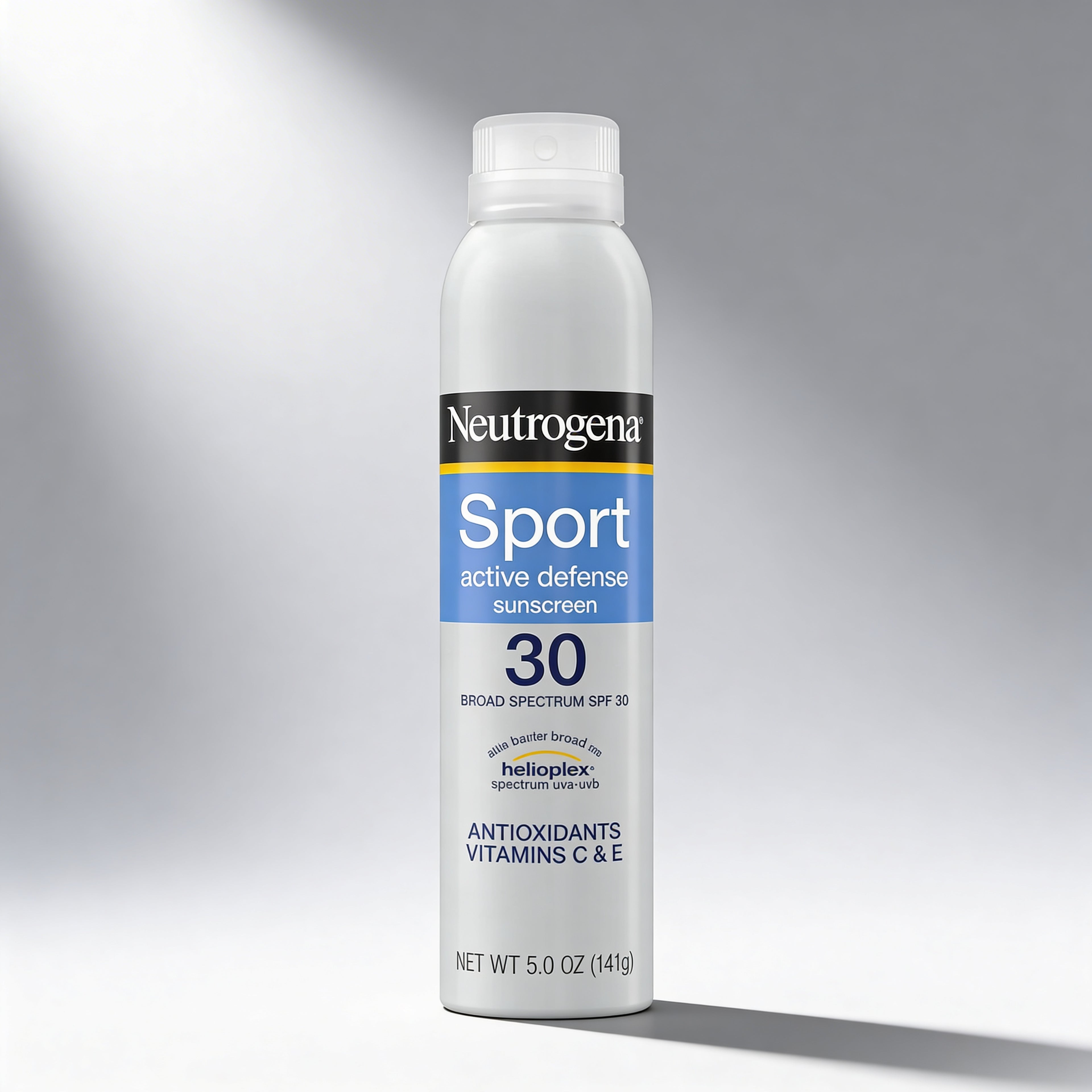Neutrogena Sport active defense sunscreen spray bottle on a gray background