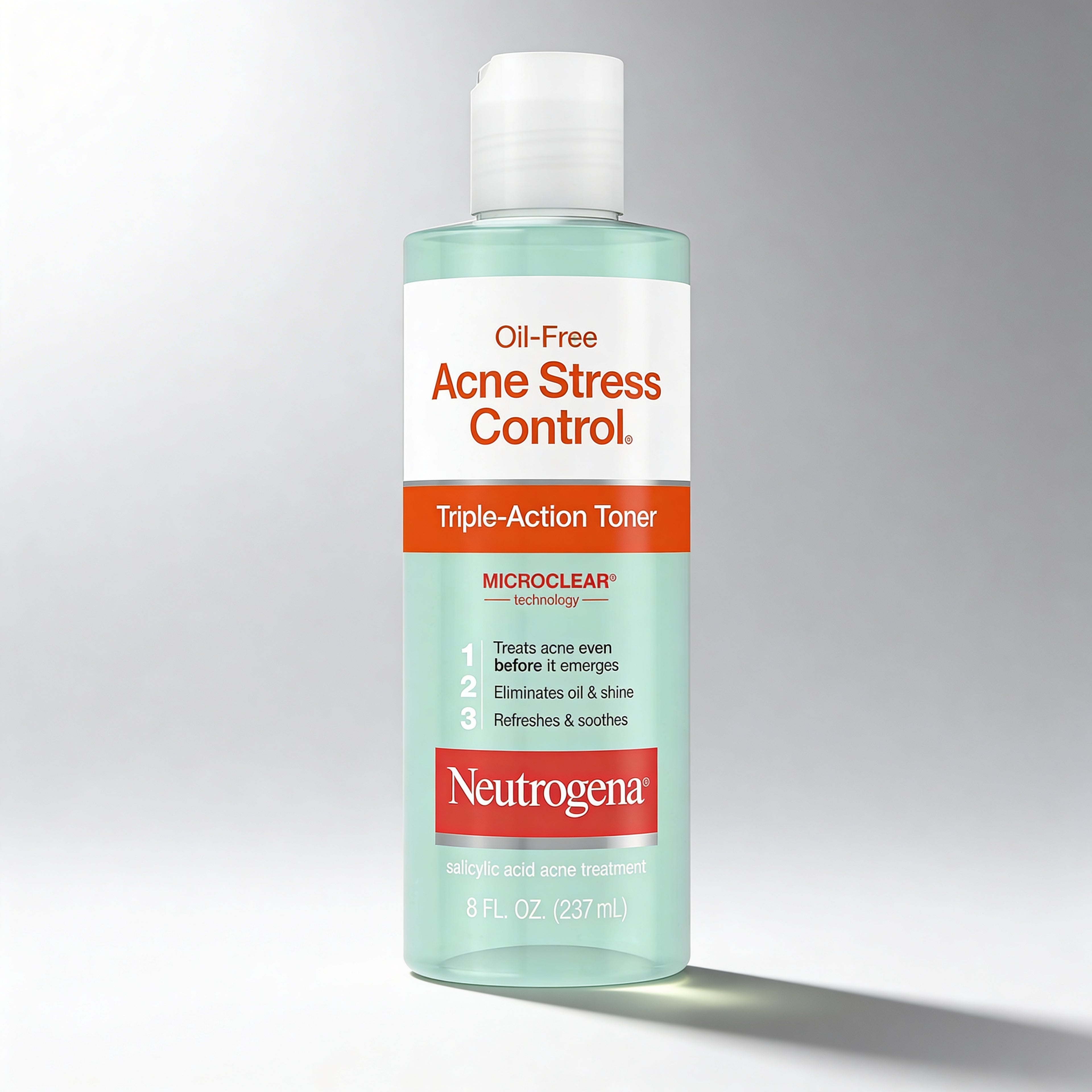 Neutrogena Acne Stress Control toner bottle on a gray background