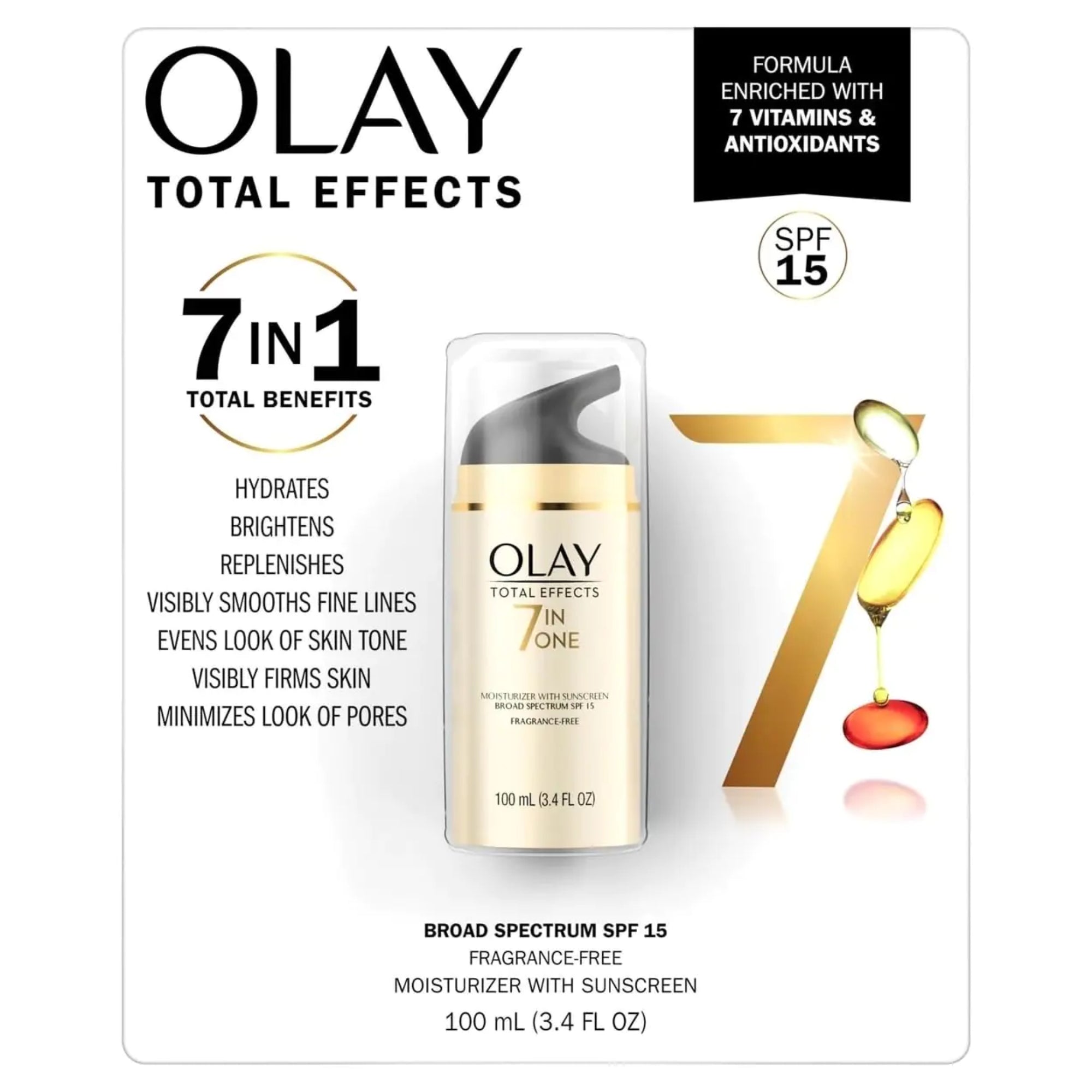 Olay Total Effects sunscreen packaging with product and benefits listed.