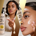 Olay Total Effects 7-in-1 skincare product with a woman applying cream to her face.