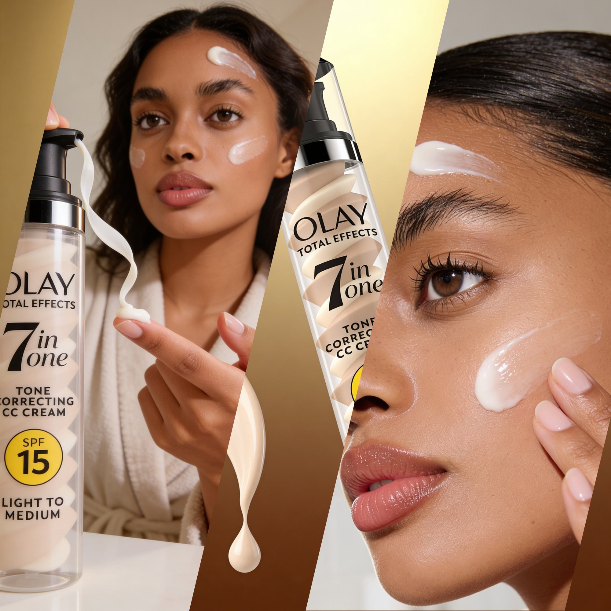Olay Total Effects 7-in-1 skincare product with a woman applying cream to her face.