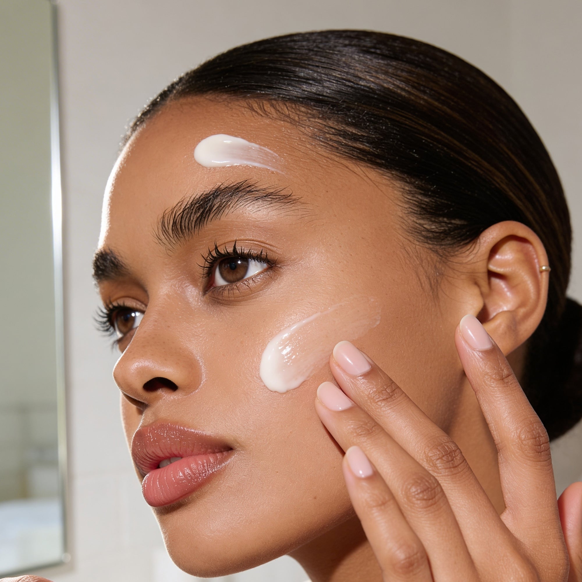 Woman applying cream to her face with a blurred background